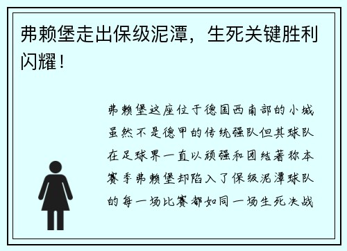 弗赖堡走出保级泥潭，生死关键胜利闪耀！
