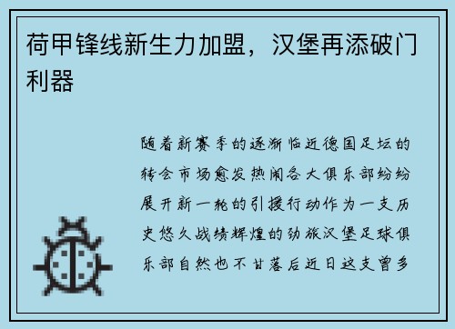 荷甲锋线新生力加盟，汉堡再添破门利器