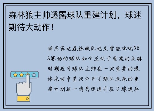 森林狼主帅透露球队重建计划，球迷期待大动作！