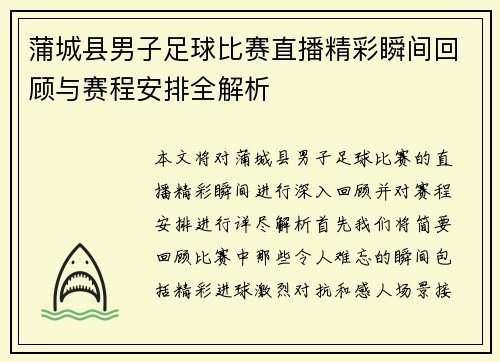 蒲城县男子足球比赛直播精彩瞬间回顾与赛程安排全解析